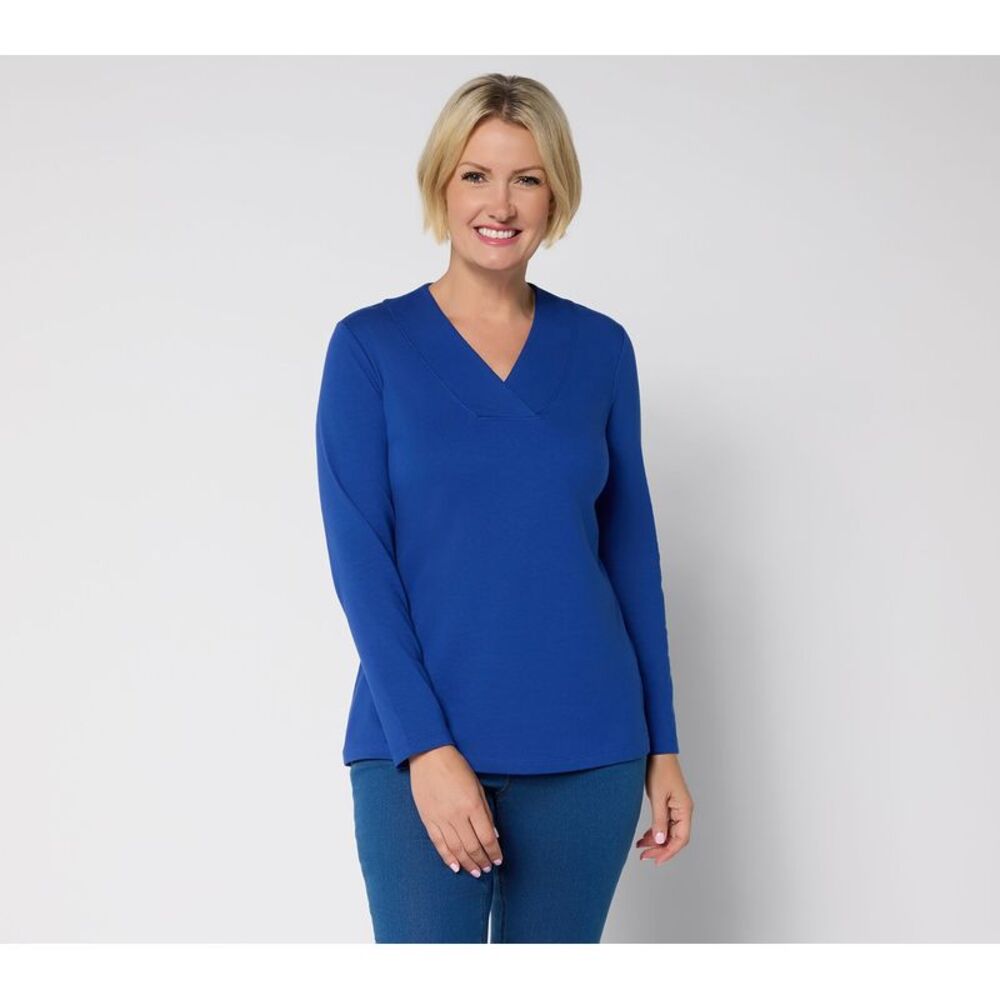 Denim & Co. Women's Top Sz L Essentials Perfect Jersey Crossover V Blue A706538